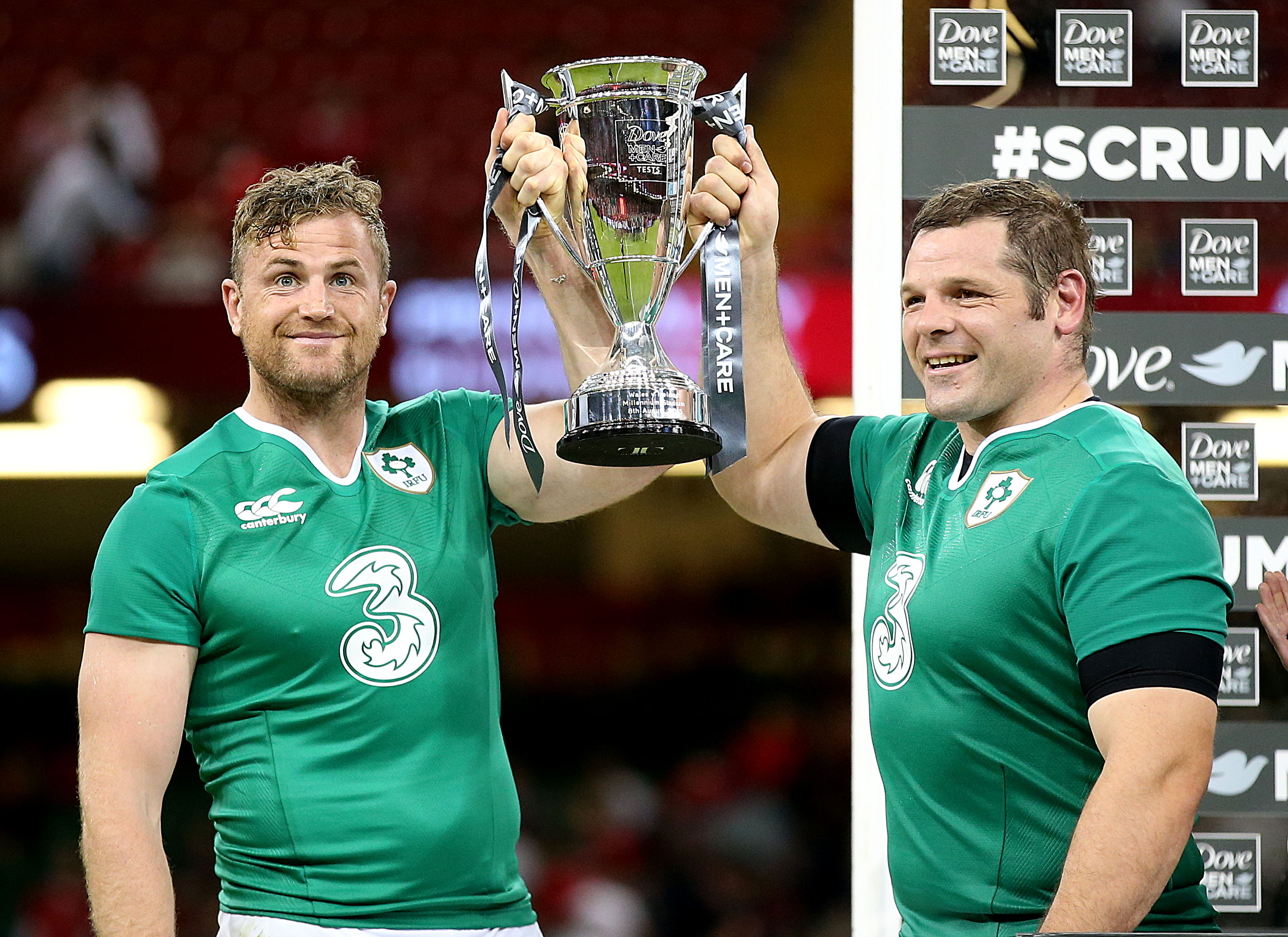 2015 Rugby World Cup Warm-Up Match, Millennium Stadium, Cardiff, Wales 8/8/2015 Wales vs Ireland Ireland's Jamie Heaslip and Mike Ross lift the trophy Mandatory Credit ©INPHO/Dan Sheridan