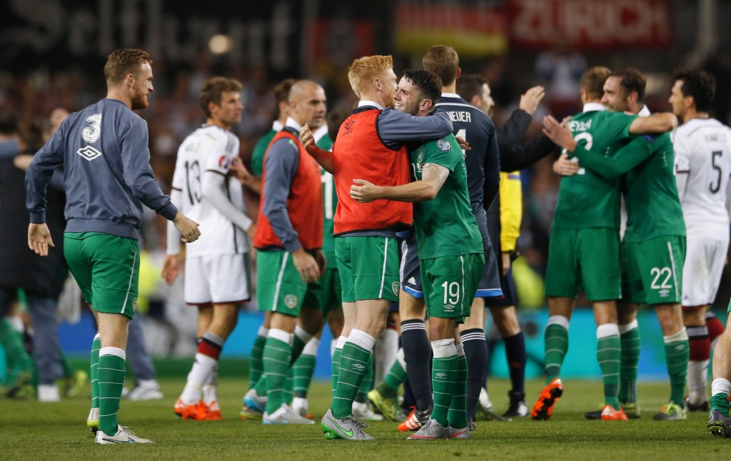 Ireland celebrate their 1-0 win over Germany on Thursday. Action Images via Reuters / Andrew Couldridge