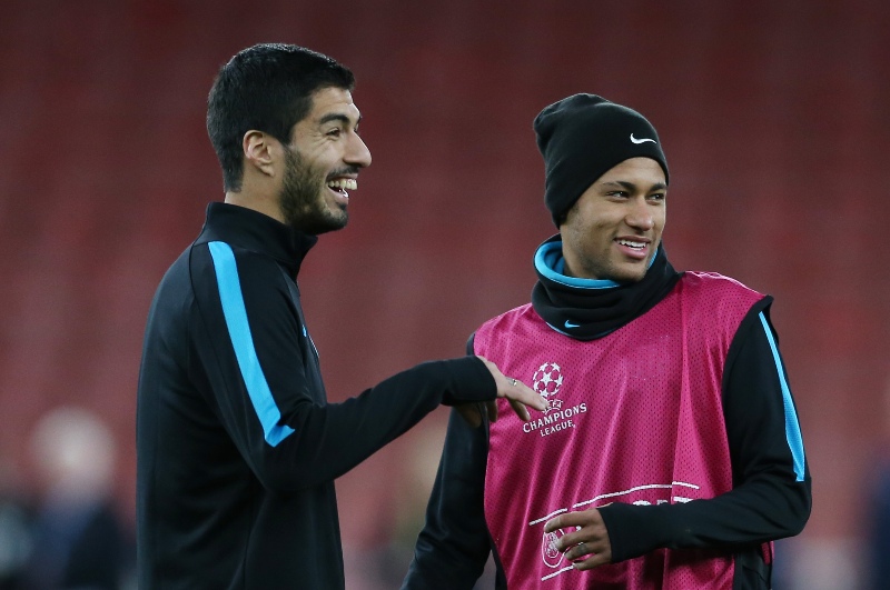 Barcelona's Luis Suarez and Neymar train at the Emirates Stadium. Reuters / Matthew Childs