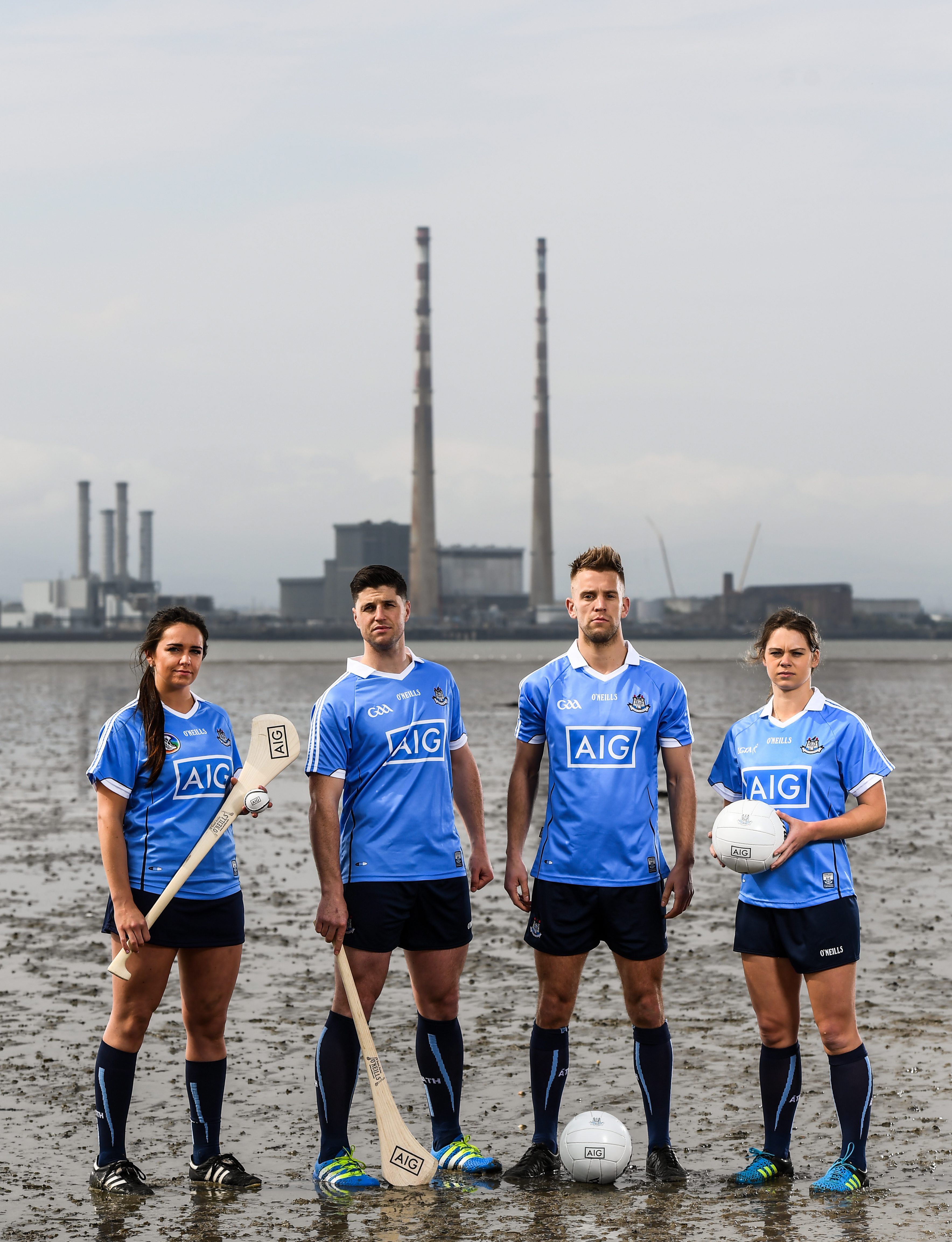 12 May 2016; Dublin stars Ali Twomey, Noelle Healy, David Treacy and Jonny Cooper helped Dublin GAA and sponsors AIG Insurance officially launch the new Dublin jersey today. Available at oneills.com and at sports outlets nationwide for 65, the jersey will be worn for the first time in a game by the Dublin minor hurlers on Saturday against Kilkenny. Pictured from left are Dublin Camogie star Ali Twomey, Dublin hurler David Treacy, Dublin footballer Jonny Cooper and Dublin Ladies Footballer Noelle Healy. Photo by Stephen McCarthy/Sportsfile