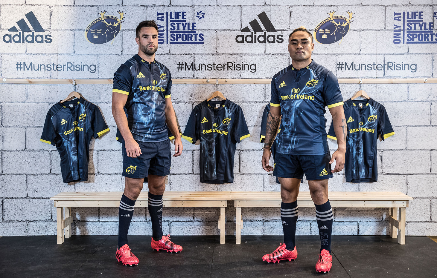 Conor Murray and Francis Saili pictured at the launch of the new Munster Rugby Alternate jersey at Life Style Sports, Mahon Point.