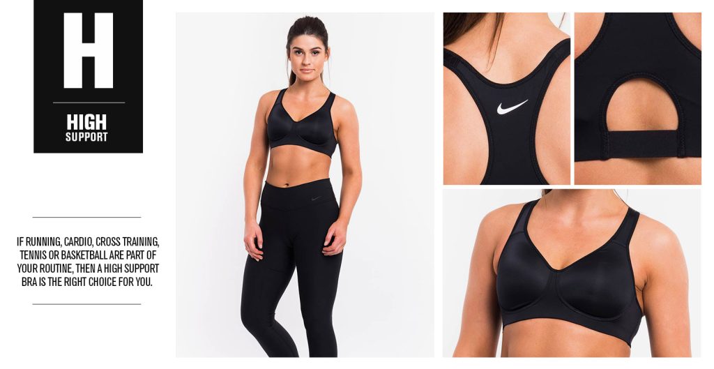 High support sports bra collage with text: If running, cardio, cross training, tennis or basketball are part of your routine, then a high support bra is the right choice for you.