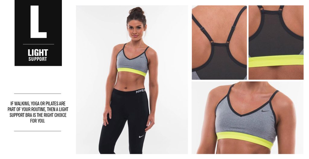 Light support sports bra collage with text: If walking, yoga or pilate are part of your routine, then a light support bra is the right choice for you.