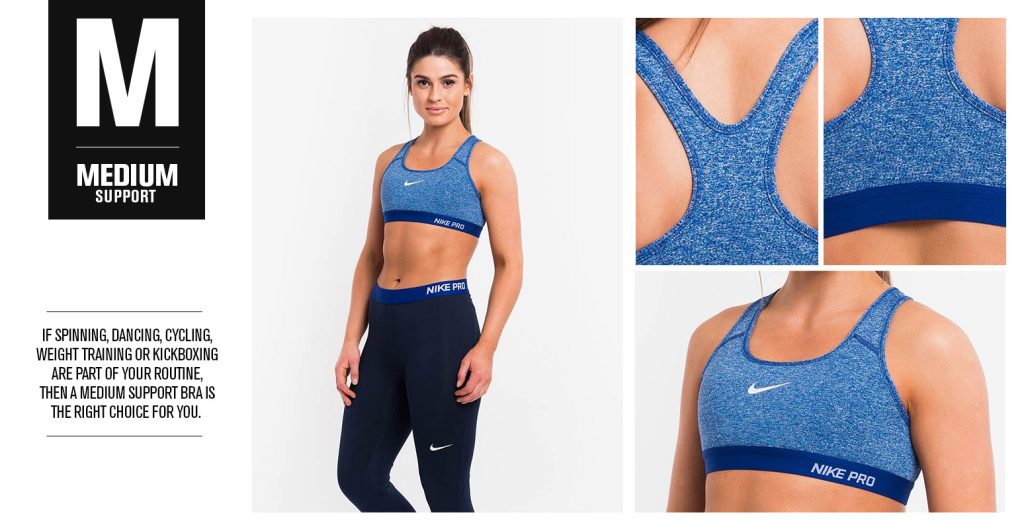Medium support sports bra collage with text: If spinning, dancing, cycling, weight training or kickboxing are part of your routine, then a medium support bra is the right choice for you.