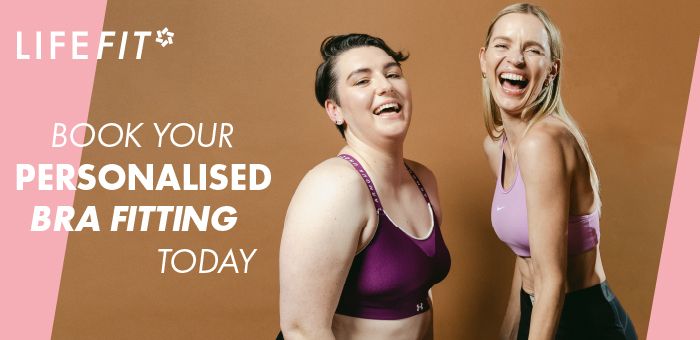 Two models laughing, looking at the camera, with the text: book your personalised bra fitting today